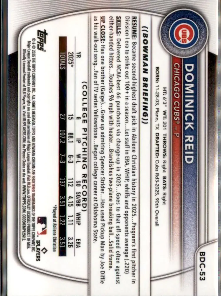 2025 Bowman Draft #BDC-53 Dominick Reid Chrome - (138) - Chicago Cubs