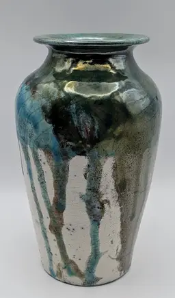 Blue, Green and White Raku Crackle Studio Art Pottery Vase Signed Black Clay