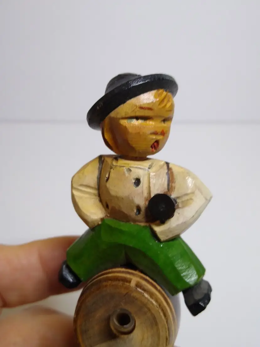 ANRI Mechanical Drink Pourer Bottle Stopper Wood Carved Puppet Pivot Head Italy