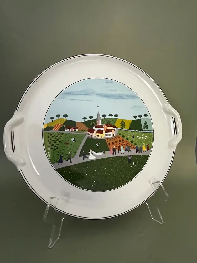 Villeroy Boch Design Naif Wedding Platter 12.5" Handled Cake Plate Signed LaPlau