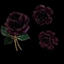 Gorgeous Goldtone Vintage Deep Purple Matte Finish Rose Brooch With Matching Clip Earrings. Signed Ges Gesch West Germany . Such A Beautiful Set !
