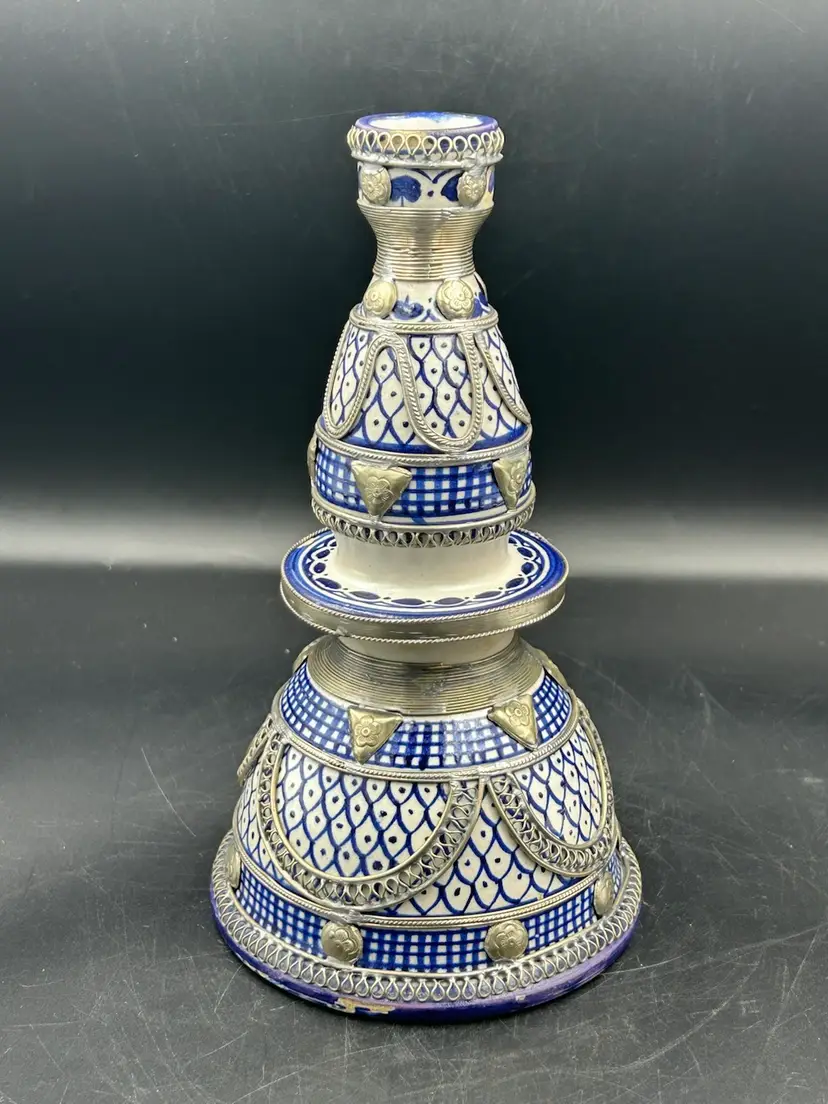 Vintage Blue And White Moroccan Hand Painted Pottery Candlestick With Silver Nickel Filigree Work