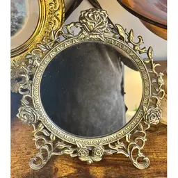 10” x 8” vintage brass with rose design tabletop vanity mirror
