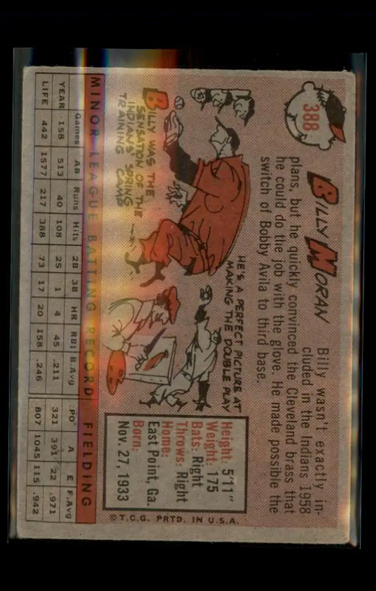 1958 Topps #388 Billy Moran - (pk4) - Cleveland Indians