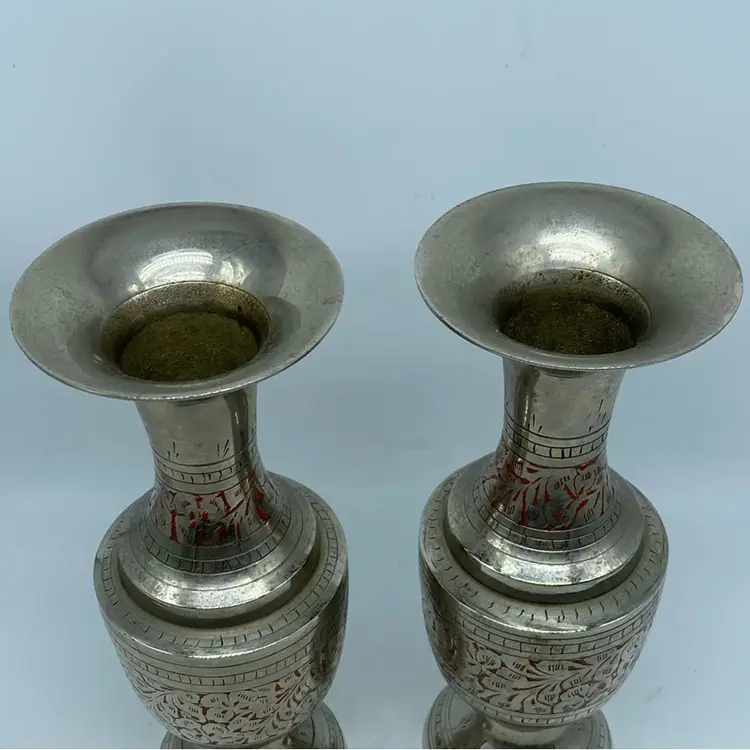 #1839 Pair Silver Colour Metal Etched On Red. Made In India Vases