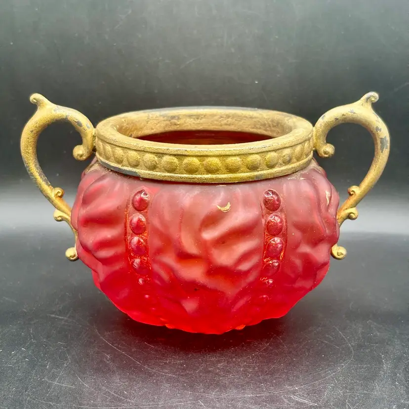 Pittsburgh Glass Pigeon Blood Drape Beaded Bowl with Metal Handles 4.25”