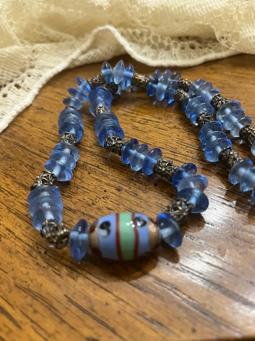Blue Glass Breaded Necklace 20”