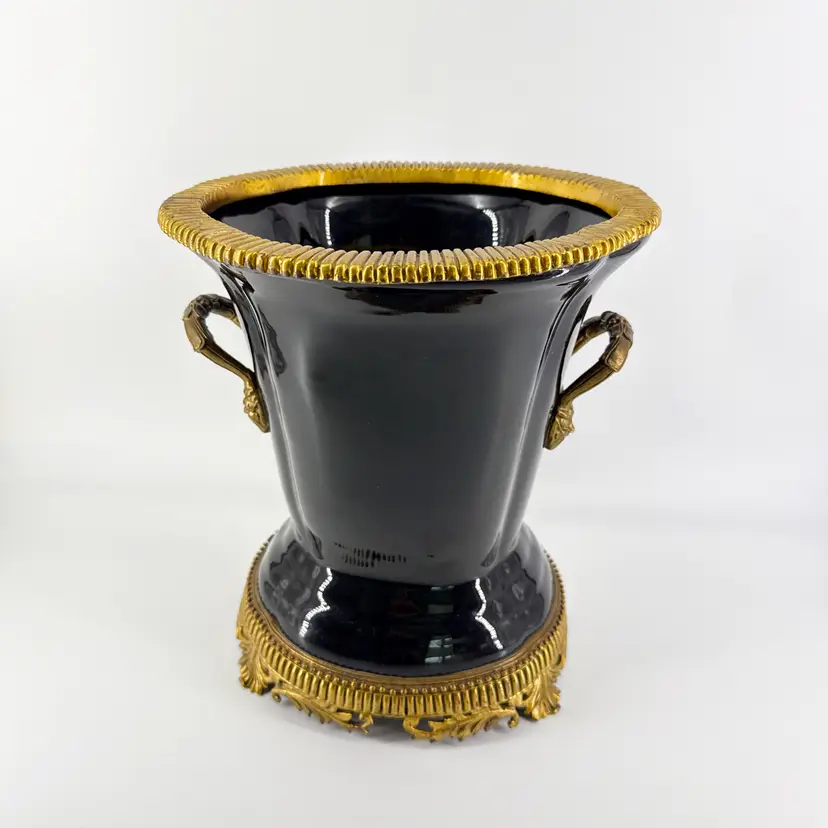 Black & Gold Ceramic Ormolu 12" Planter Dbl Lion Head Handles Ebony Orig Tag