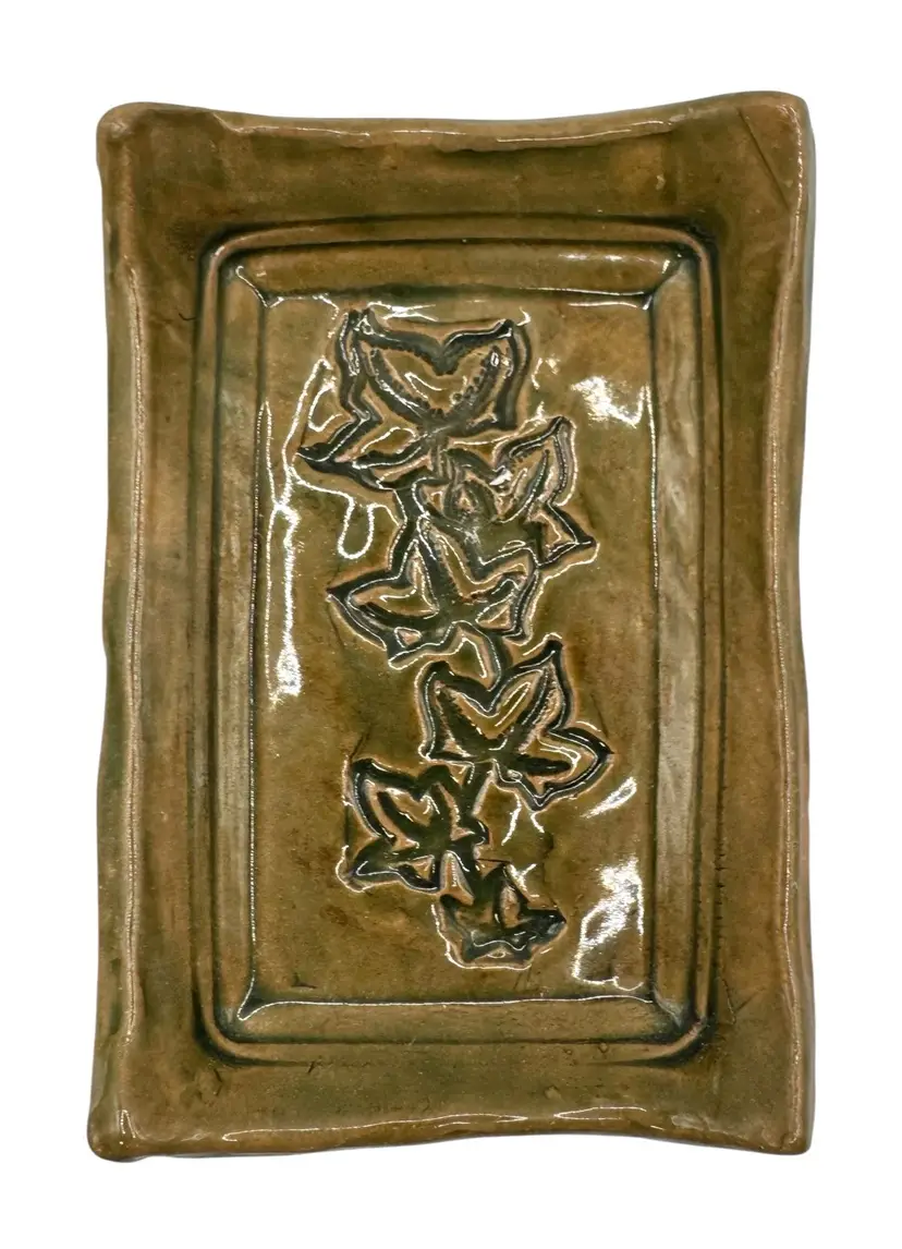 Signed Studio Art Pottery Trinket Dish Tray Plate Olive Ivy Leaf Rectangle 5.75”