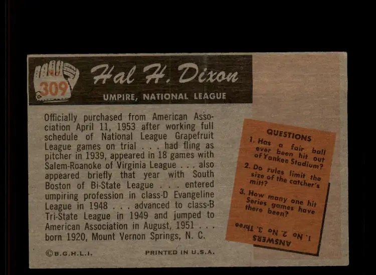 1955 Bowman #309 Hal H. Dixon - (pk-tl3) -