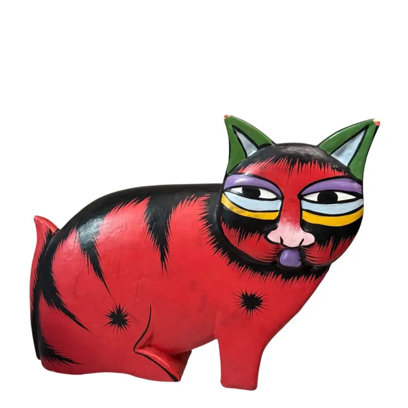 Laurel Burch Cat Figurine Made in Indonesia Hand Painted Wood Shelf Sitter
7” T x 9-1/4” L x 2” W