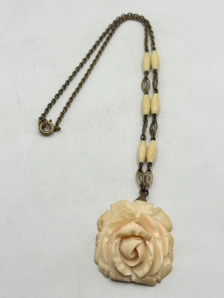 Vintage estate carved rose flower pendant necklace