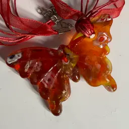 Orange Glass Butterfly On Fabric Necklace 18”