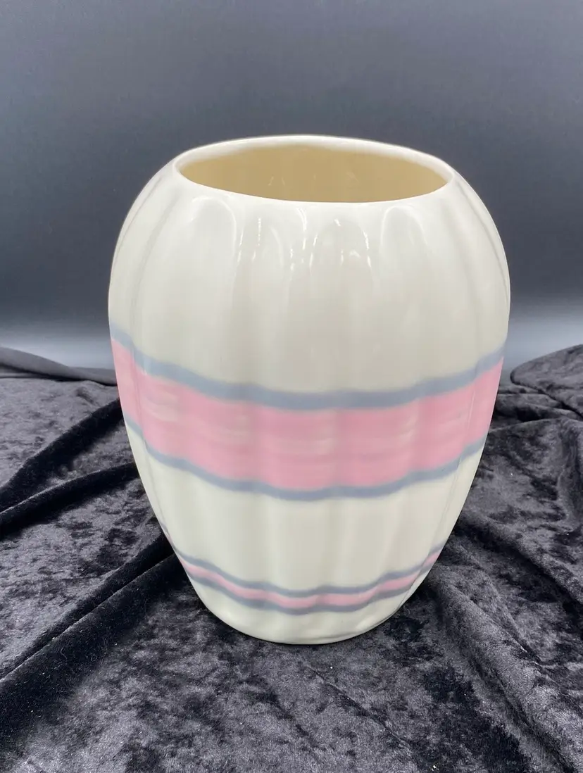 Vtg. Studio Pottery Ceramic Vase, Cream w/Pink and Gray Stripes, 7.8", Signed