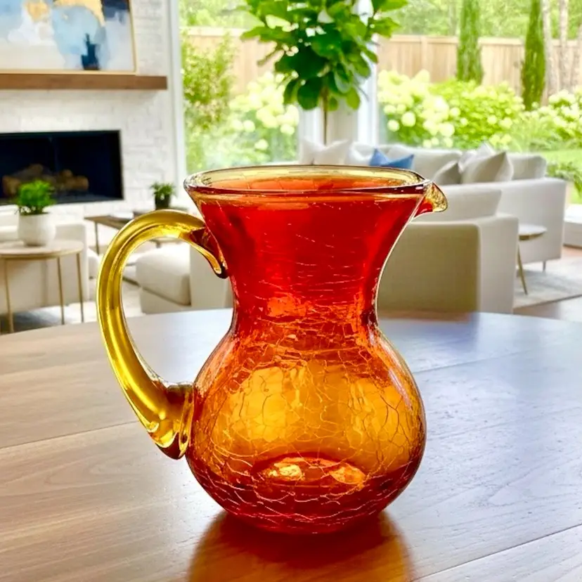 #25 Vintage BLENKO Crackle Hand Blown Art Glass Tangerine/ Amberina red Pitcher 4” t & 3” wide