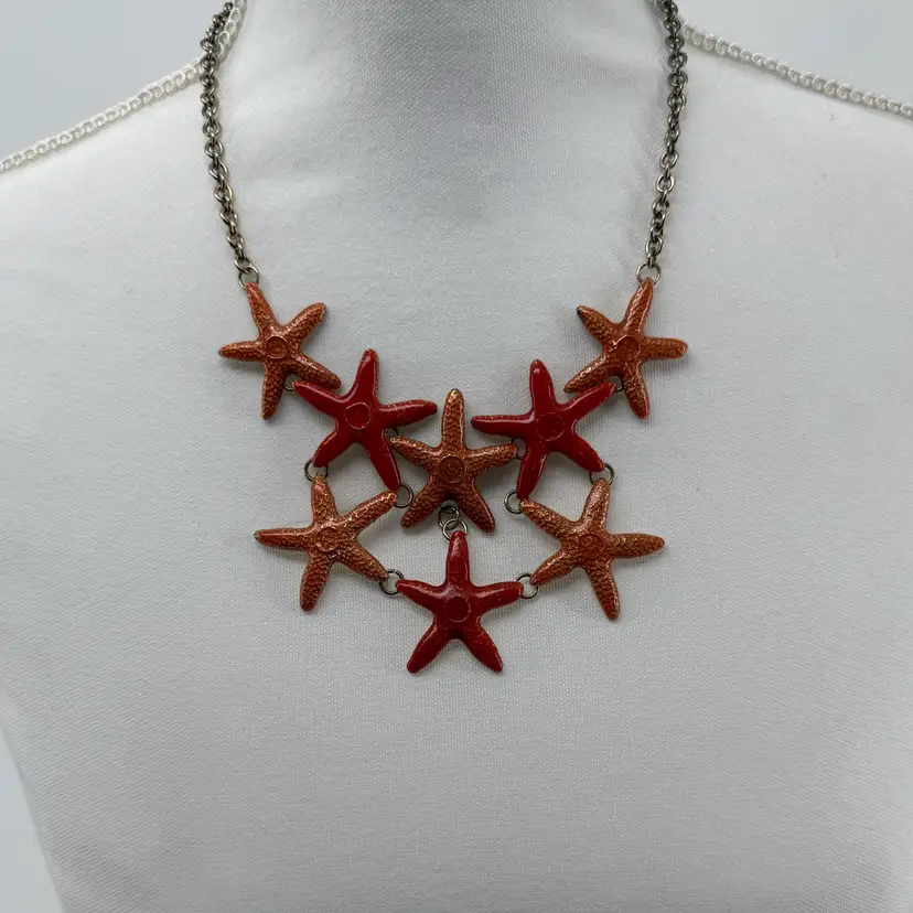 Vintage Beach Nautical Rustic Red Orange Starfish Tiered Bib Statement Necklace