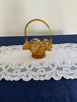 Vintage Indiana Amber Glass Basket With Handle . H 8 In W 5 In