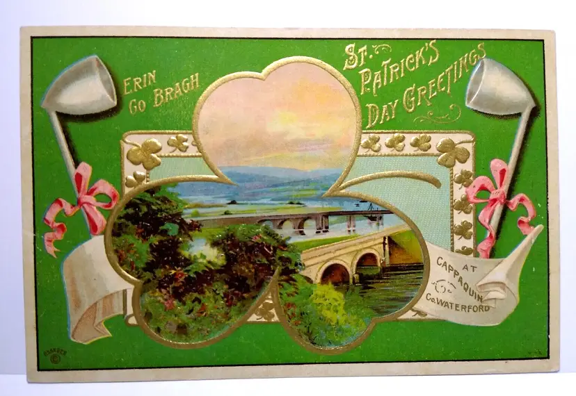 St Patrick's Day Postcard Erin Go Bragh Irish Greetings Pipes Bridge Cappaquinn