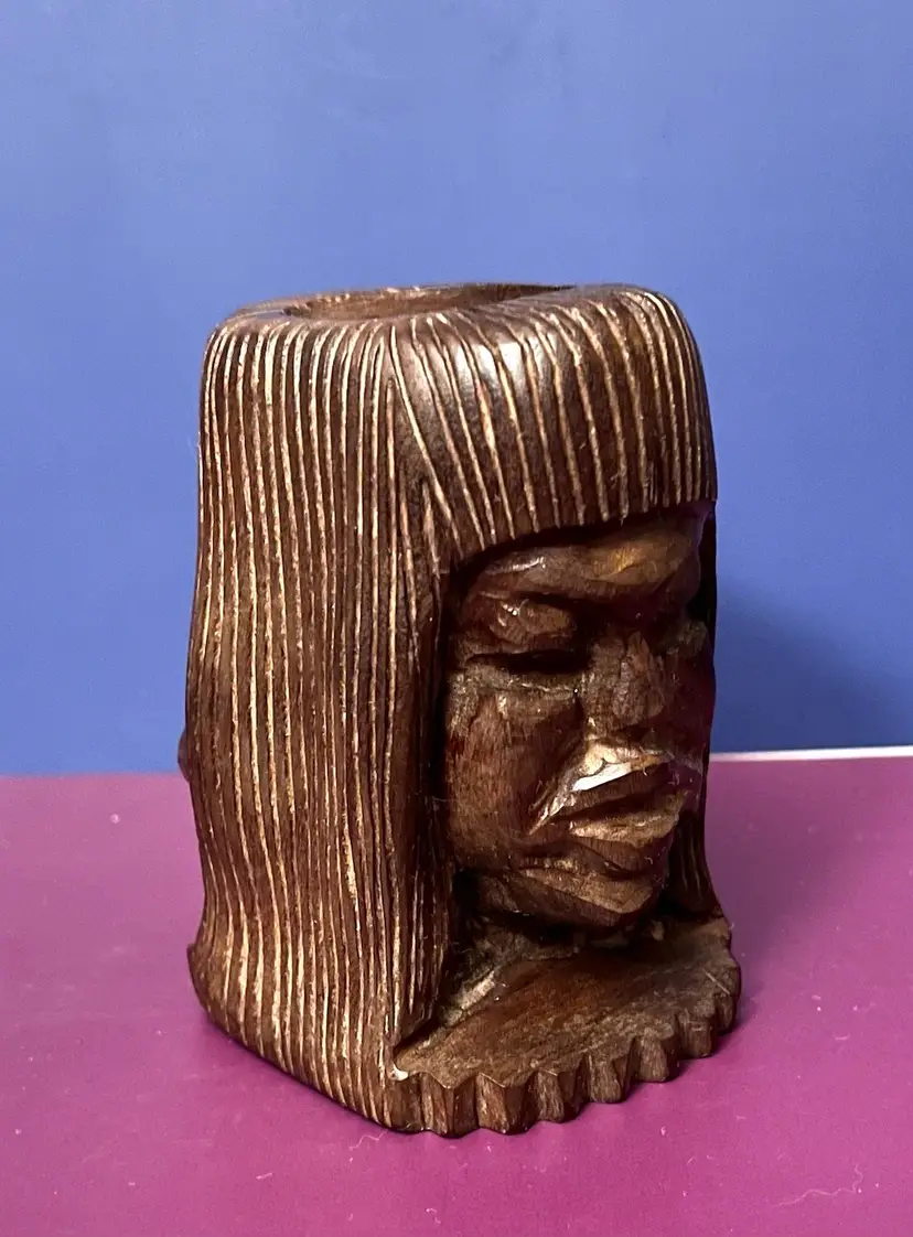 Hand Carved Wooden Tiki Tribal Two Faced Candle Pen Holder Folk Art