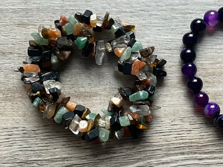 Purple Amethyst Beaded and Multiple Color Nugget Chip Stretch Bracelets