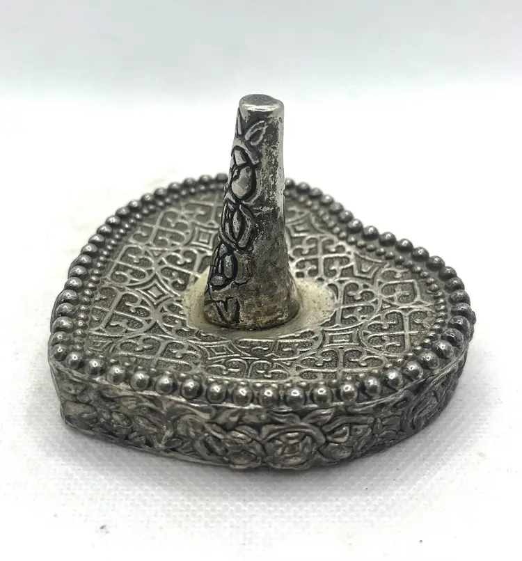 Vintage Silver Tone Metal Heart Ring Holder , Ring Tree , Dish , Trinket Tray , Vanity Decor