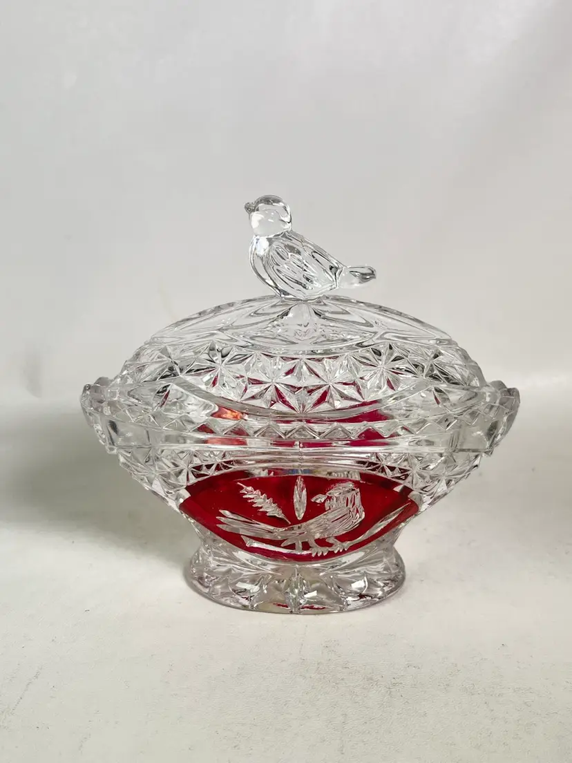 Vintage Hofbauer Bird Crystal Byrdes Collection Ruby Round Trinket Box and Lid