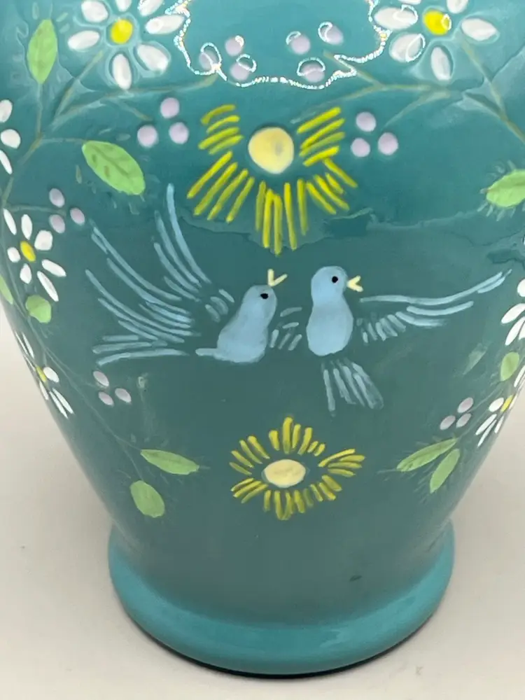 Hand Painted Ceramic Ginger Jar With Birds And Flowers 1985