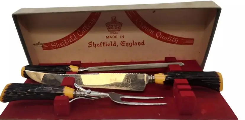 Vintage Carved Bakelite Cutlery 3 Piece Carving   Set Sheffield England Antique