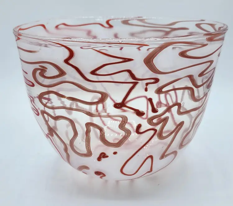 Hand Blown Art Glass Abstract Red Swirl White Polished 7.75" Console Bowl NWOT