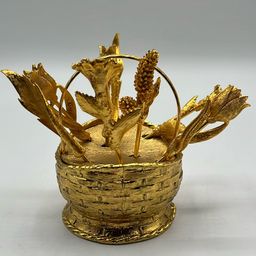 Vintage Tan 1964 Hollywood Regency Cocktail Picks Gold Flower Basket