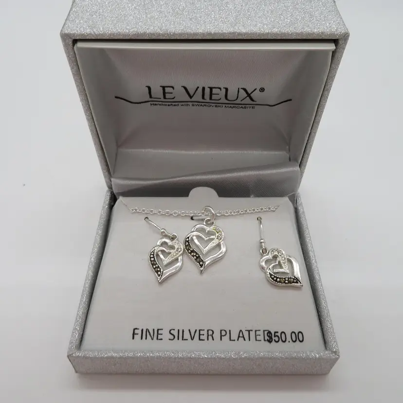 Early 2000 Boxed 3 Piece Silver Plate Necklace Earrings set Heart Shape with Swarovski Marcasite
