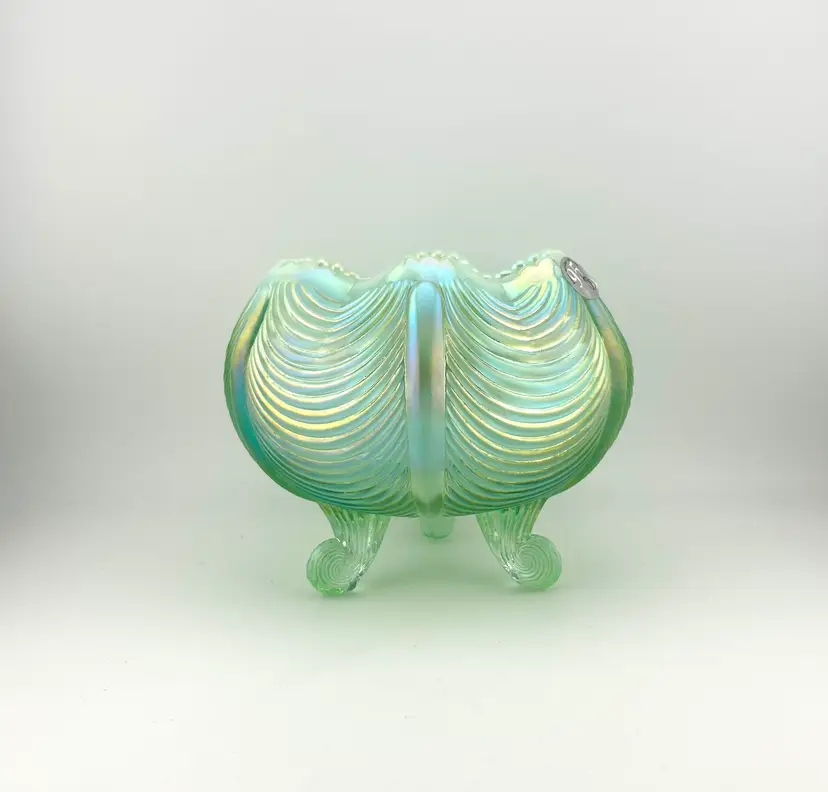 Vintage Fenton Glass 95th Anniversary Green Opalescent 3 Legged Drape Rose Bowl 5.25”x 4.25”