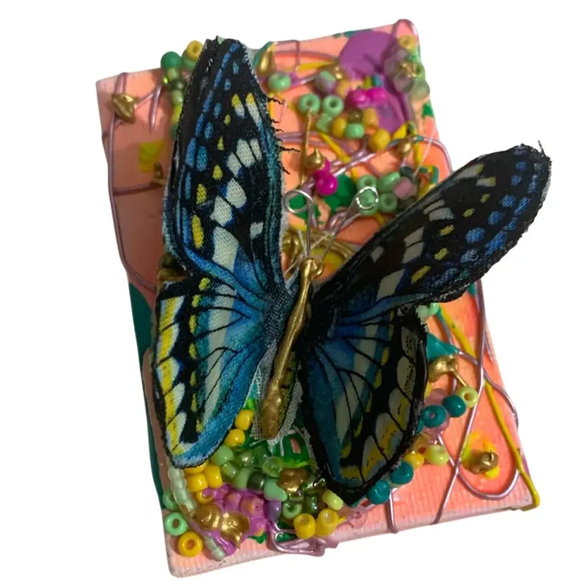 #01 #03. Study 📚 #3 Gorgeous Made By Me Sustainable Art Mounting Of Faux Purple Butterfly 🦋 On Tiny 2.5” By 3.75” Stretched Canvas Frame UV Reactive Glowy