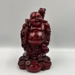 Happy Buddha Figure Red Heavy Resin Cinnabar 7”