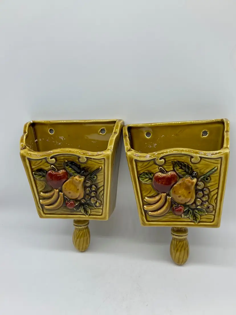 2 LEFTON 3849 JAPAN WALL POCKET PLANTER MCM VTG BROWN MULTI FRUIT MOTIF 5 x 7"