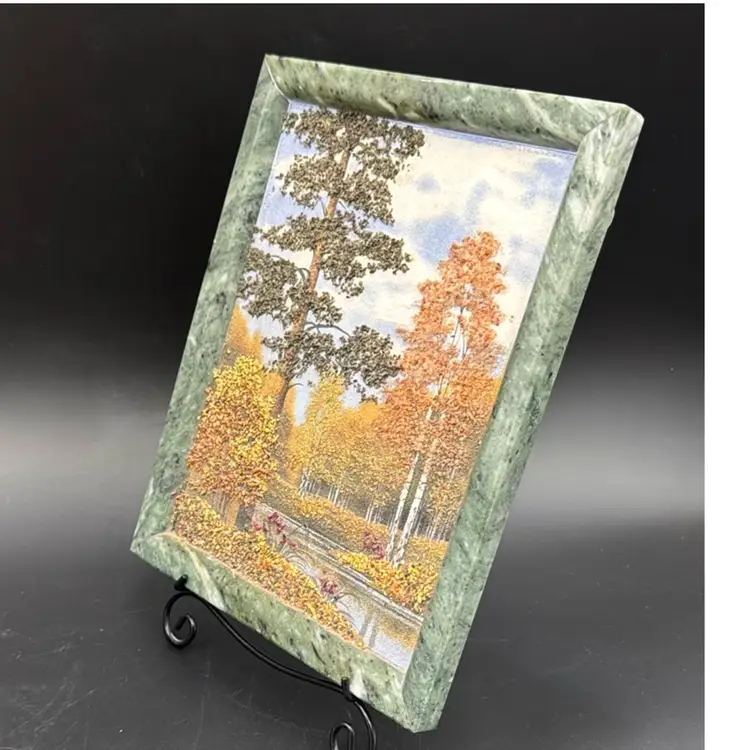 Birch Trees And Pines Handcrafted, Unique Painting, Gemstones On Marble Base Very Unique Art