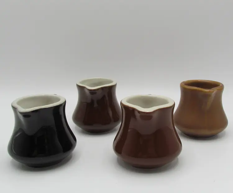 4 Hall Pottery Mini Creamers Vintage Restaurantware USA Small Handle Brown-Black-Tan