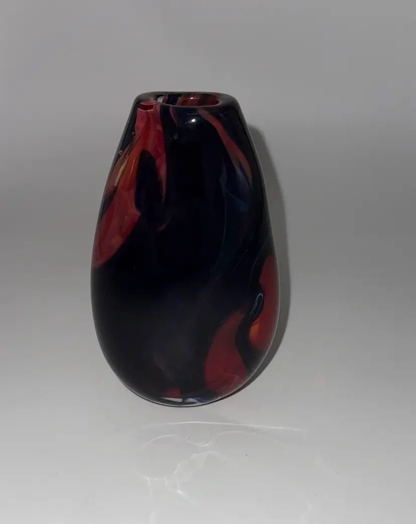 Hand Blown Heavy Ovoid Shaped Glass Vase Vibrant Red Blue Violet Black Swirl