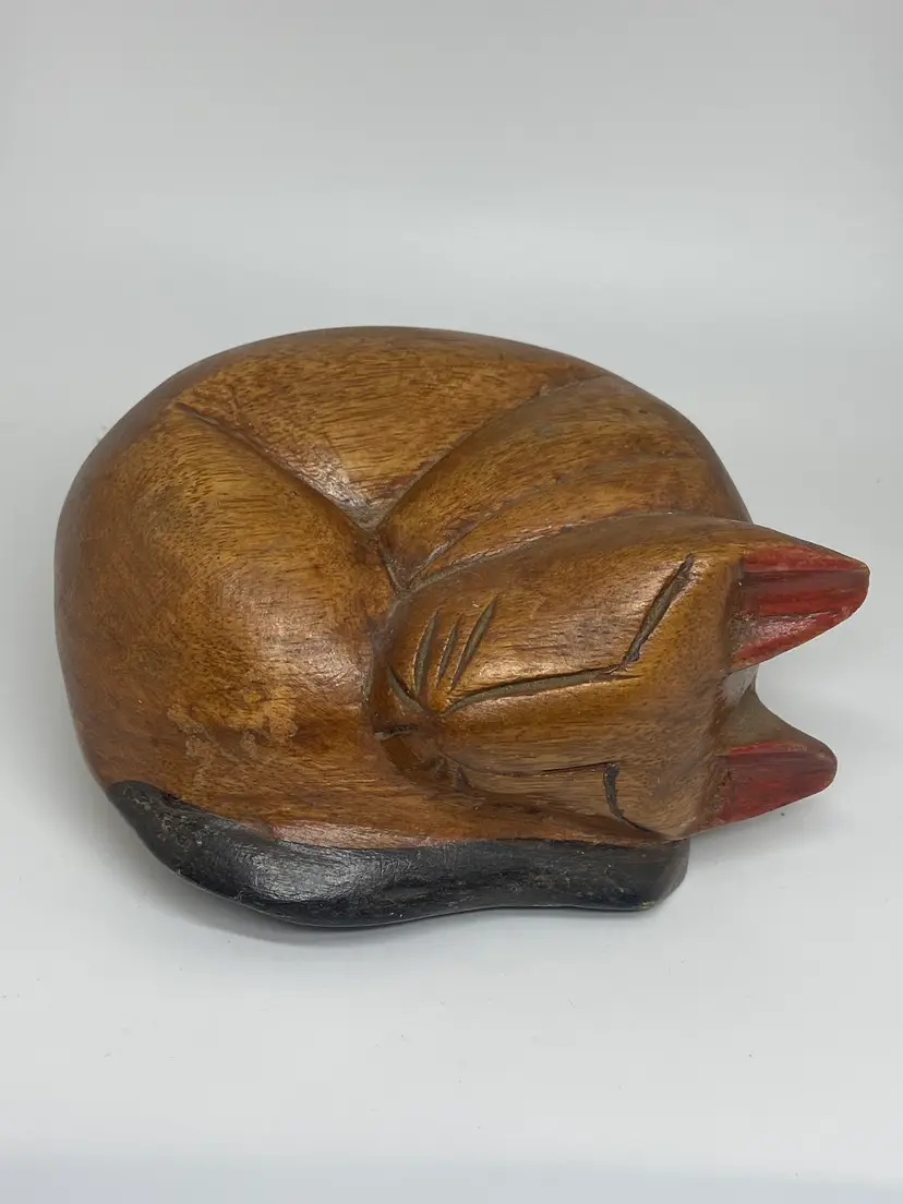 Hand Carved Wooden Sculpture of a Sleeping Cat, 5" x 2.75"