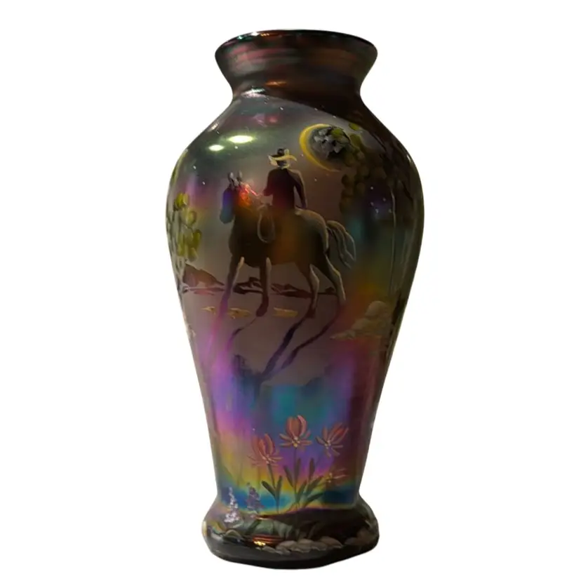 Fenton Art Glass 9.5" Black Iridized Favrene Ghost Rider Vase - Cowboy In Moonlight - 2006 Signed