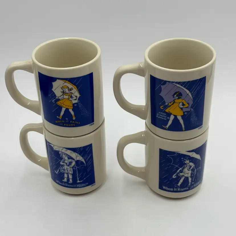 Morton Salt Girl Dated Logo Set Of Four Vtg Mugs Commemorative When it Rains it Pours