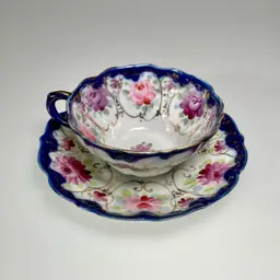 Cobalt Blue Flow Gold Trim Porcelain Teacup & Saucer Hand Painted Roses Floral Vintage