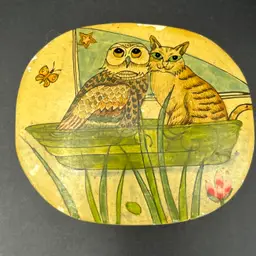 Vtg 1979 CAROLYN BARFORD KASHMIR TRINKET BOX Owl and Pussy Cat Wood Lacquer