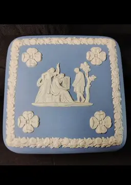 Vintage Jasperware Blue Covered Trinket Box Wedgewood Goddess Playing Lyre