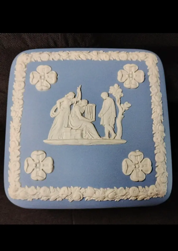 Vintage Jasperware Blue Covered Trinket Box Wedgewood Goddess Playing Lyre