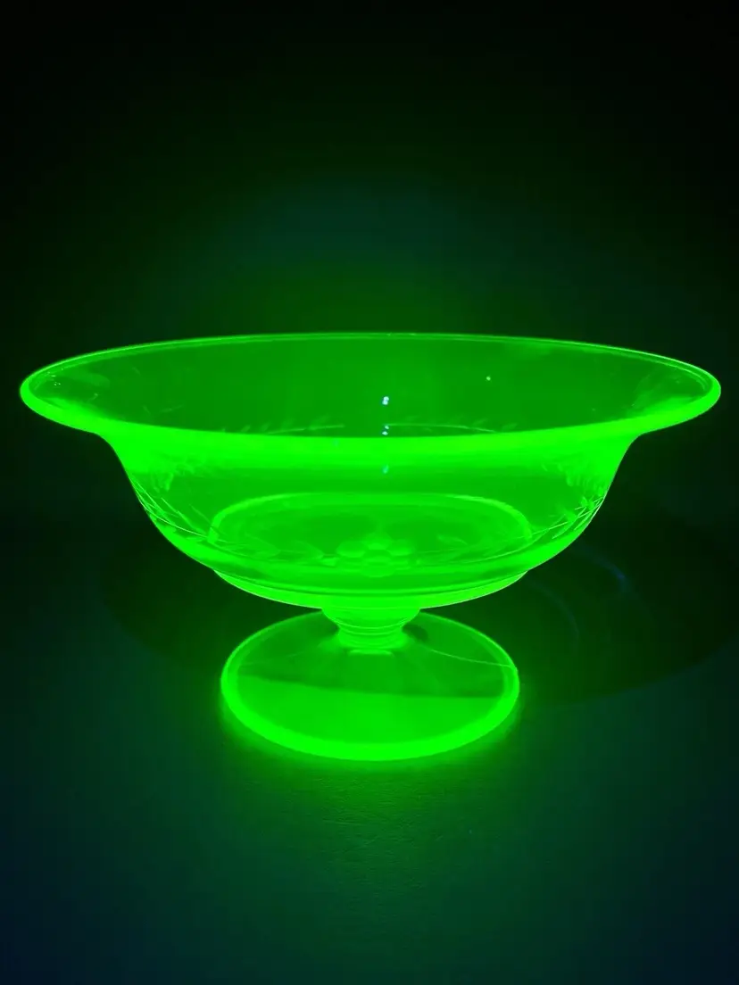 Vintage Uranium Glass Compote Pedestal Bowl Green Depression Glass Etched Floral 8.5"