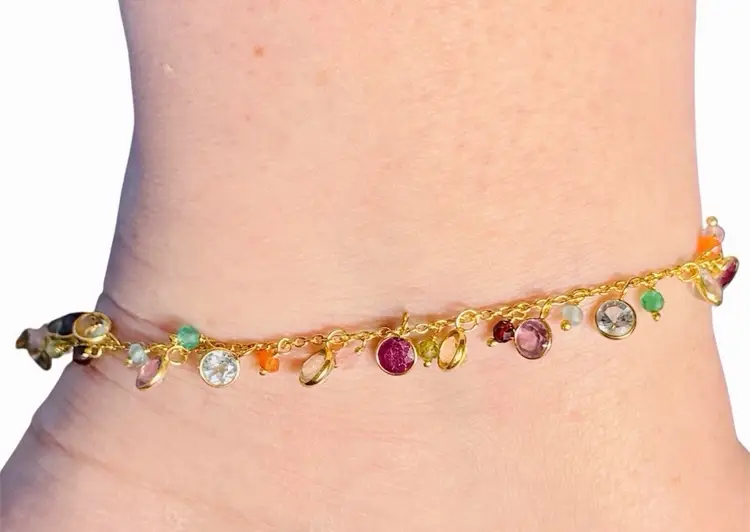 Sterling & Gemstone Anklet Adjustable 9-10” Gold Over Silver Sexy.
