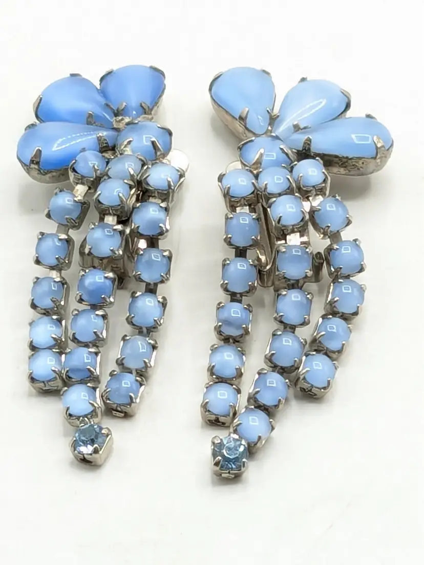 Vintage Blue Rhinestone Clip-On Earrings Silver Tone