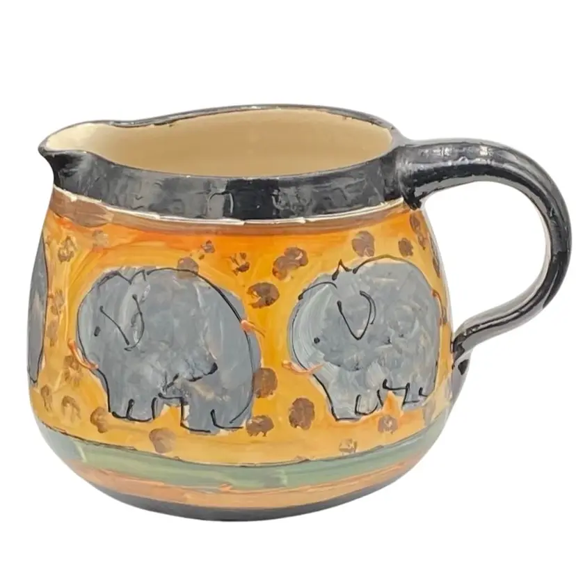 Vintage Marshall (TX) Pottery pitcher, Elephants!, Painted/Glazed, Rodrigo, 1998