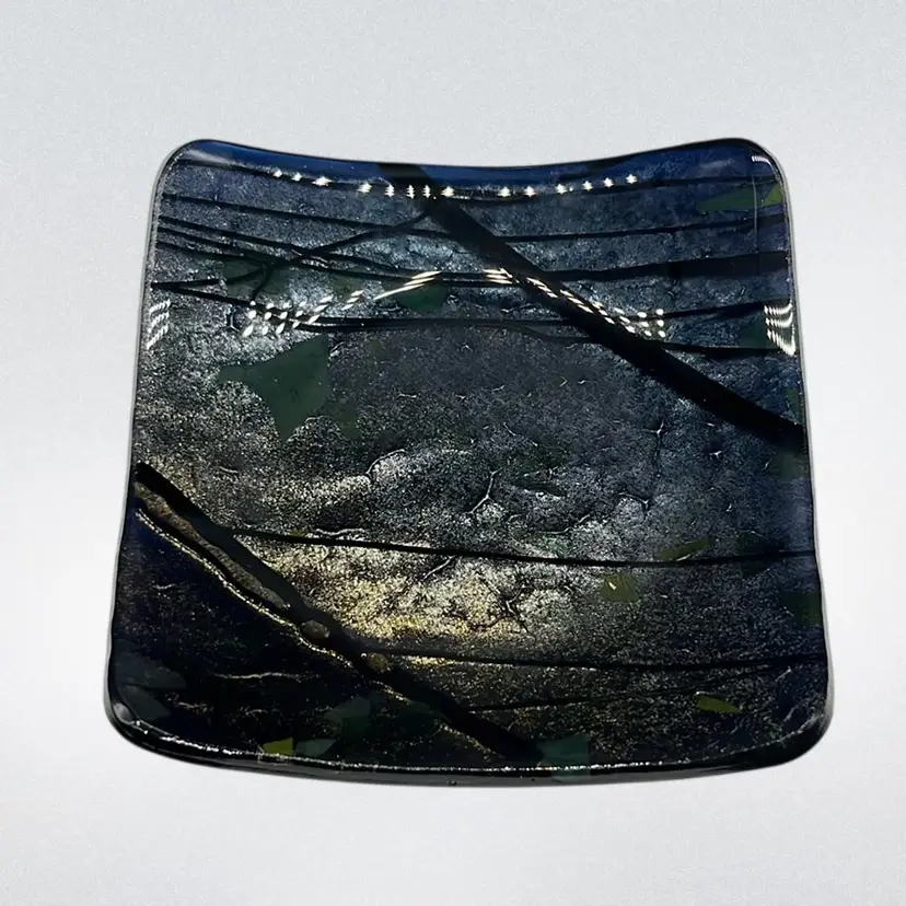 Fused Dichroic Blue Art Glass Trinket Dish w/ Box | 5”